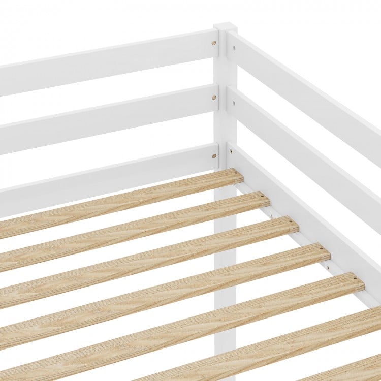Close-up of the Twin Loft Bed's sturdy plywood slats and solid wood frame, designed for stability and support.